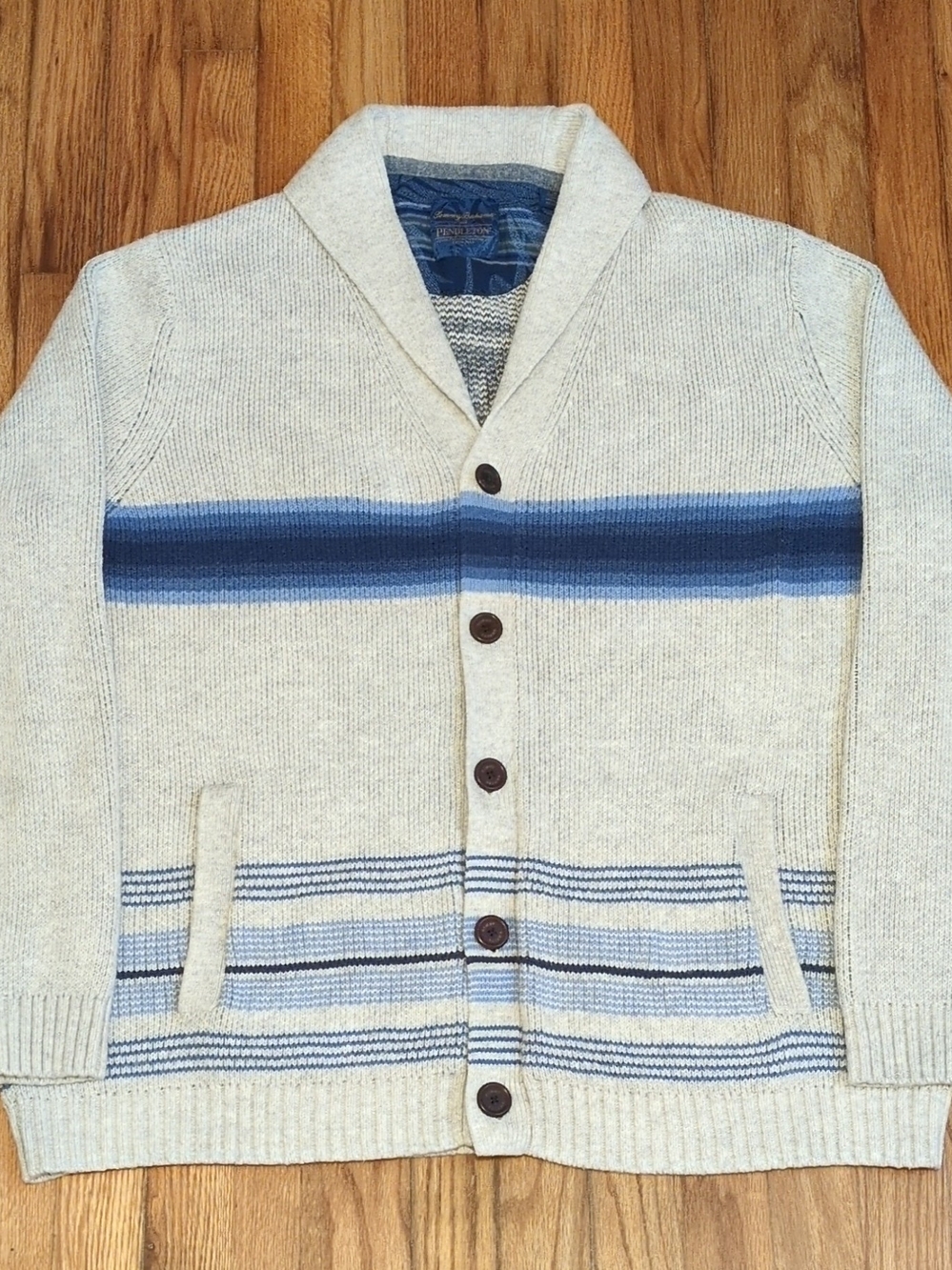 Shawl Collar Button-Front Men's Sweater - Cream with Blue Stripes